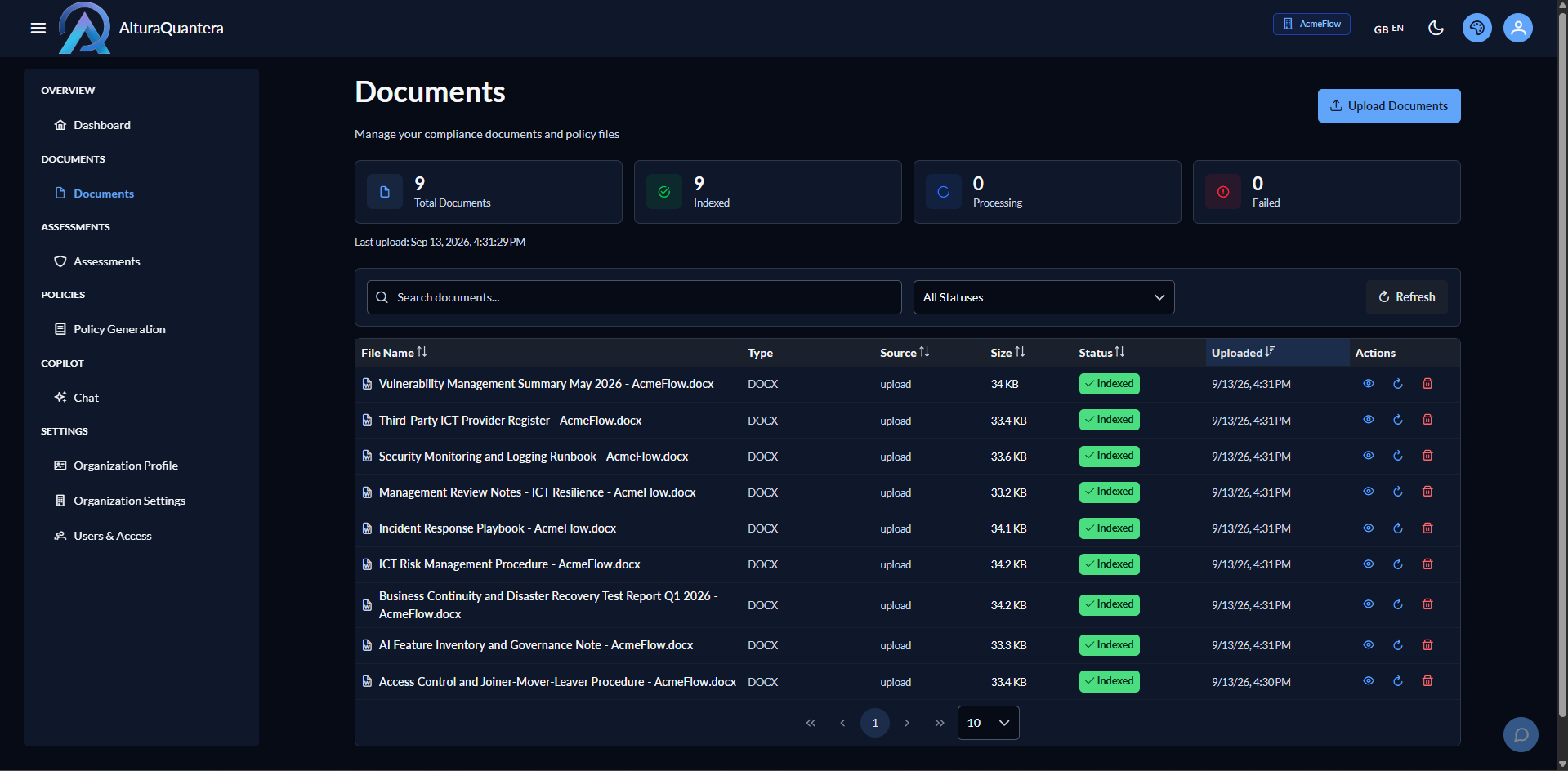 AcmeFlow starts with nine existing operational and compliance documents indexed in AlturaQuantera.