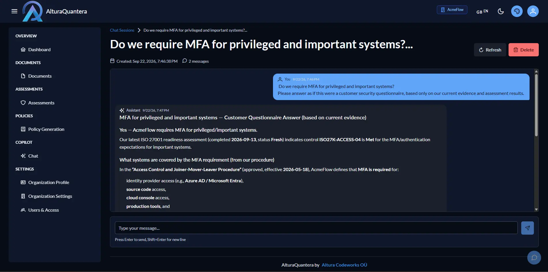 AlturaQuantera answering an MFA security questionnaire question using assessment and evidence context.